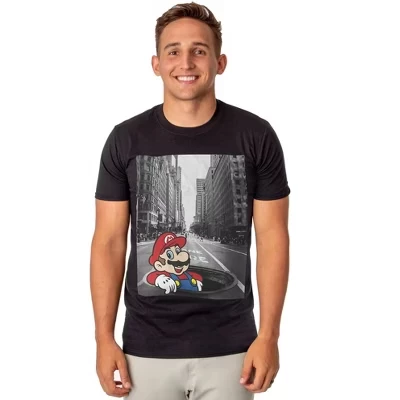 Super Mario T-Shirt Men's Black and White City Scene Graphic Tee black