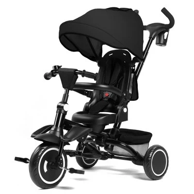 7-in-1 Kids Tricycle with Canopy, Adjustable Push Handle, One-Touch Brake, Lockable Front Wheel, All-Terrain Tires & Storage black