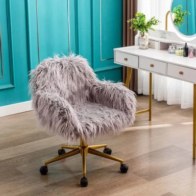 Modern Faux Fur Office Chair, Height Adjustable Makeup Vanity Chair with Gold Plating Base & Metal Frame, Desk Chair Fluffy Chair for Girls gray