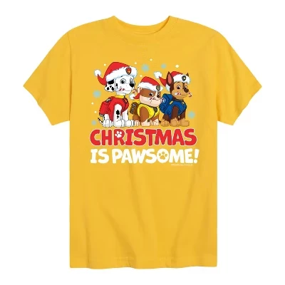 Мужская футболка с коротким рукавом Paw Patrol - Christmas Is Pawsome Chase Rubble Marshall с рисунком желтого цвета