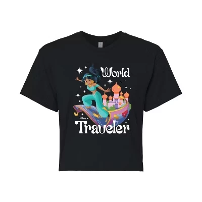 Женская укороченная футболка с рисунком Jasmine World Traveler черного цвета