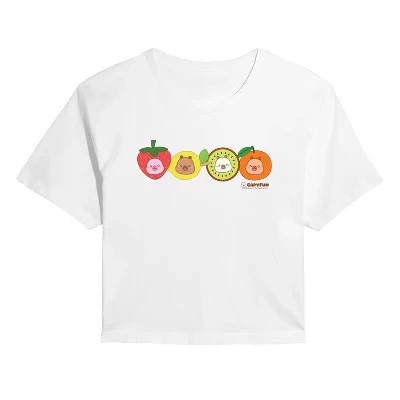 Женская укороченная футболка с рисунком Capy Fruits белого цвета