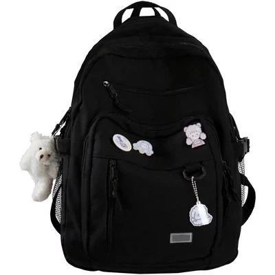 Cute Aesthetic Backpack for Teens – Pink School & Travel Book Bag with Bear Pin for Girls black