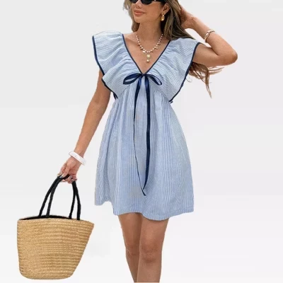 Женское полосатое мини-платье Babydoll с V-образным вырезом и оборками, с коротким рукавом, с открытой спиной, с завязками спереди, с высокой талией, с рюшами, платья трапециевидной формы, синий