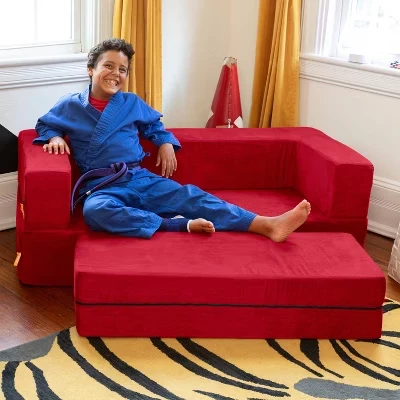 Zipline Kids Sofa & Large Ottoman, 3 in 1 Fold Out Sofa cherry