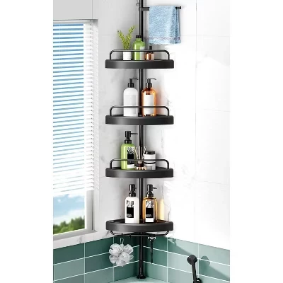 Corner Shower Caddy: Adjustable 55-122 Inch, 4-Tier ABS Basket, Stainless Steel Tension Pole, Space-Saving Bath Organizer. black