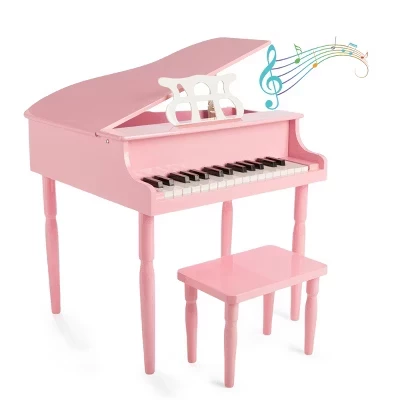 Hey Play Kids Piano - Мини-рояль на 30 клавиш с пюпитром, скамейкой и наклейками для нот - Фортепиано для начинающих - Инструменты для детей розового цвета