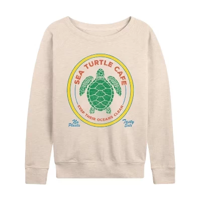 Женская легкая французская махровая рубашка Sea Turtle Cafe с широким вырезом и длинным рукавом с графическим рисунком.