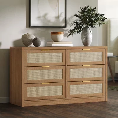 Комод COZONY 135 см, 6 ящиков, ротанг, коричневый
