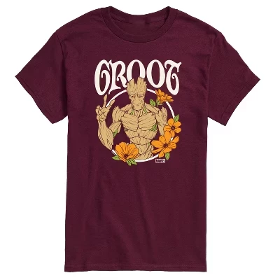 Мужская футболка с коротким рукавом Guardians of the Galaxy Groot Peace Flowers темно-бордового цвета с графическим рисунком