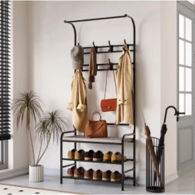 ?Hall Tree with Shoe Bench, Metal + Particle Board, G gray