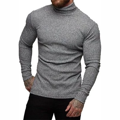 Мужская эластичная трикотажная футболка Muscle Fit с высоким воротом и длинным рукавом Slim Casual Essential серого цвета