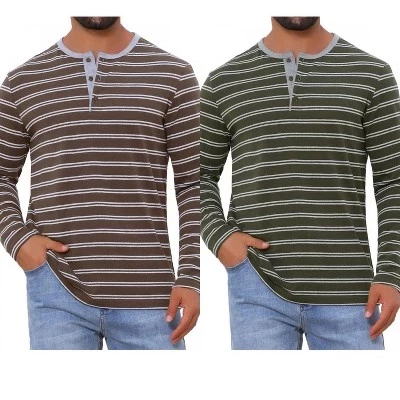 Мужские футболки Henley в полоску контрастных цветов с длинными рукавами, 2 упаковки зеленого цвета