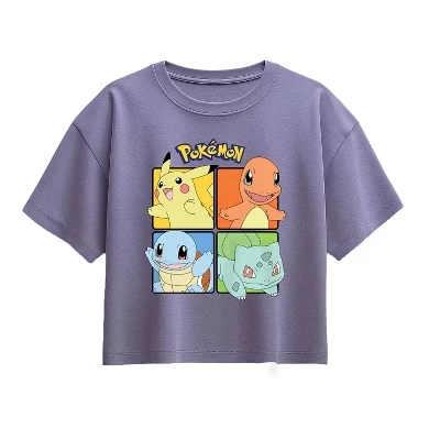 Футболка для девочек - Pokémon - Pokémon Squared приглушенного цвета с коротким рукавом и квадратным рисунком periwinkle