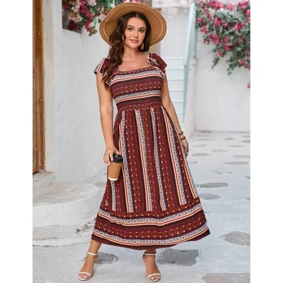 YESFASHION/ женское повседневное платье макси больших размеров с короткими рукавами и завышенной талией в стиле бохо с цветочным рисунком для лета коричневого цвета