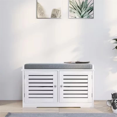 Shoe Storage Benches White Shoe Rack Bench with 2 Doors & Padded Seat Cushion in Grey Shoe Cabinet Shoe Entryway Bench with Shoe Organizer white
