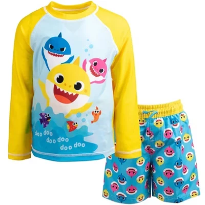 Комплект одежды Baby Shark Rash Guard и плавки для плавания синего цвета