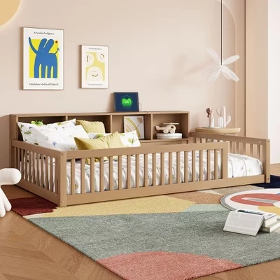 Кровать Montessori Okak Twin XL с ящиками и USB, коричневая