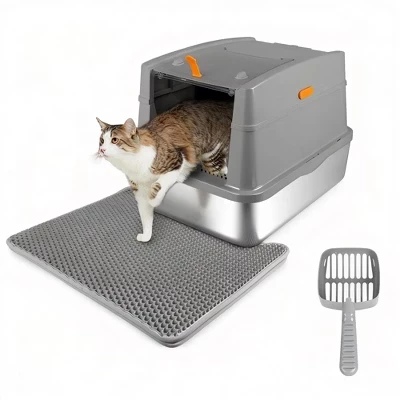 Ящик для кошачьего туалета Allforpaws с капюшоном и основанием из нержавеющей стали серого цвета