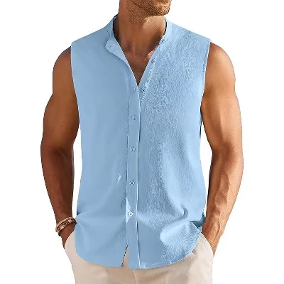 Men's Summer Beach Tank Tops Sleeveless Button Up Shirt Casual Textured Tank Shirts light blue