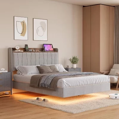 Плавающий каркас кровати COZONY с LED, серый