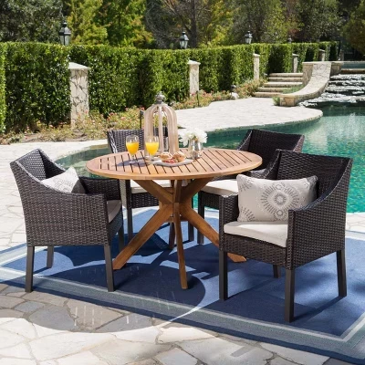 Обеденный сервиз Owen Outdoor из дерева акации и лозы, состоящий из 5 предметов, с подушкой