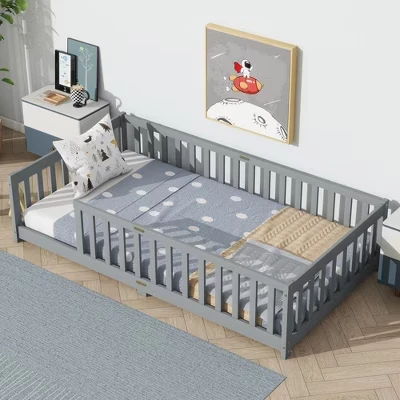 Детская напольная кровать Bellemave Kids Montessori с защитным ограждением, каркас кровати на платформе из каучукового дерева с перилами и планками для малышей и малышей младшего возраста, двухместная или полноразмерная