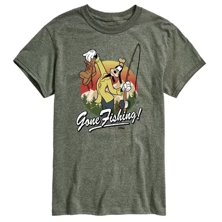Мужская футболка Goofy Gone Fishing с коротким рукавом и графическим рисунком цвета Хизер милитари зеленого цвета