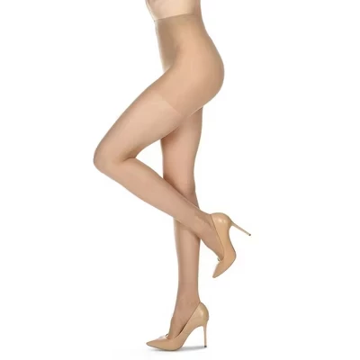 Женские колготки Memoi Soft Sheen Crystal Sheer Control Top с мягким блеском и прозрачным верхом из 12 денье, цвета бисквита
