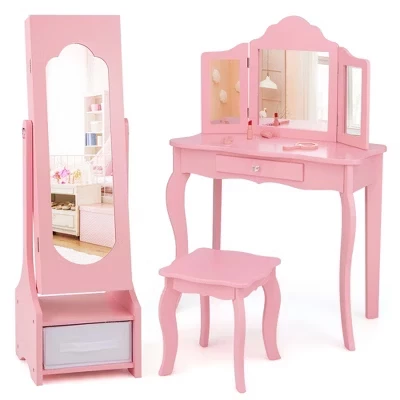 Детское трюмо Costway Princess с шкатулкой и табуретом, розовое
