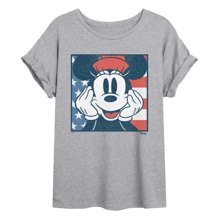 Женская футболка Disney Minnie American Flag свободного кроя, серый меланж