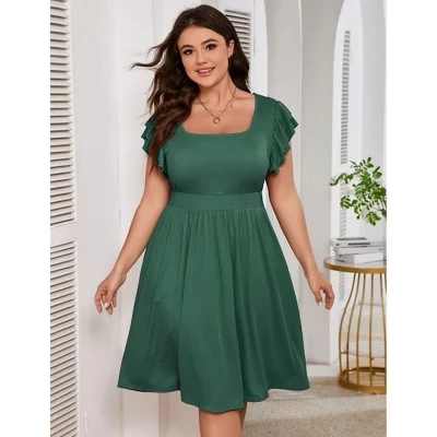 YESFASHION/ женское повседневное платье миди больших размеров с короткими рукавами и оборками, летнее платье с высокой талией и карманами зеленого цвета