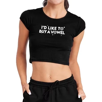 Women's Wheel of Fortune I'd Like to Buy a Vowel Cap Sleeve Baby Rib Crop Top black