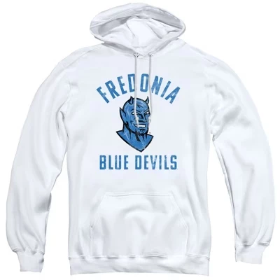 Официальная толстовка с капюшоном для взрослых с логотипом Blue Devils от Государственного университета Фредонии, белая