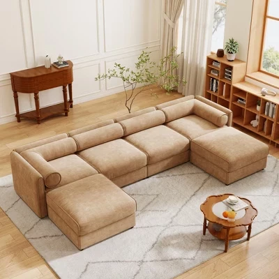 Секционный диван Morley Modern с обивкой из синели 142,5 дюйма и 2 пуфиками camel