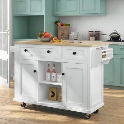 Rolling Green Drop Leaf Wood Top 53 in. Kitchen Island Cart with Storage Racks, Removable Shelves, 5 Wheels white