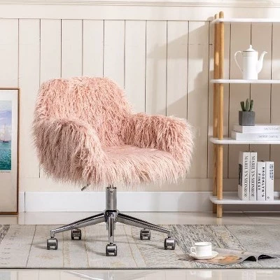 Modern Faux Fur Office Chair, Height Adjustable Makeup Vanity Chair with Gold Plating Base & Metal Frame, Desk Chair Fluffy Chair for Girls pink