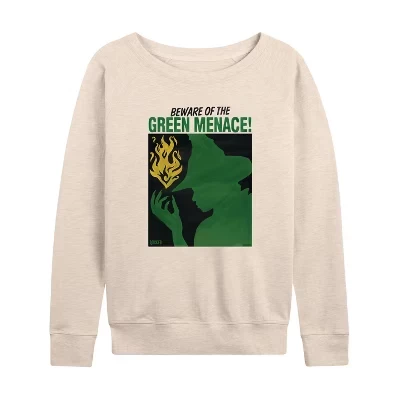 Женская - - Легкая французская махровая рубашка Elphaba Green Menace с широким вырезом и длинным рукавом с графическим рисунком.