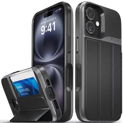 Чехол-бумажник vCommute для Apple iPhone 16, чехол с подставкой, кожаный держатель для карт [Защита от падения военного класса], сине-черный