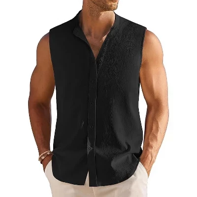 Men's Summer Beach Tank Tops Sleeveless Button Up Shirt Casual Textured Tank Shirts b