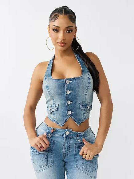 Женская джинсовая жилетка True Religion корсет с вырезом, средняя стирка