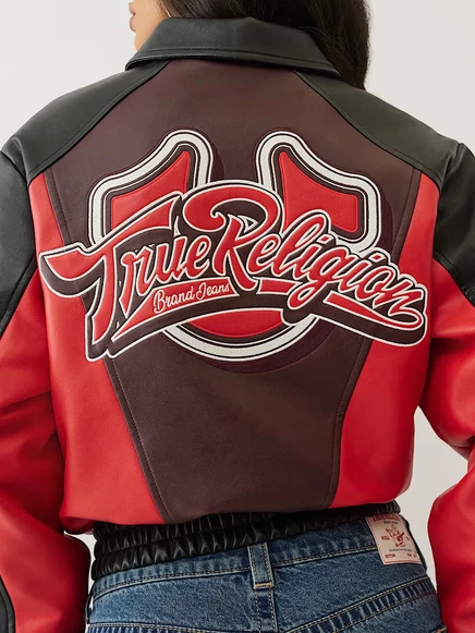 Женская куртка True Religion студенческая контрастная кожзам, красная