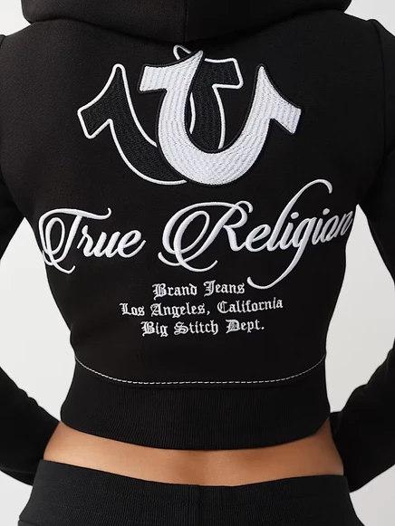 Женское худи True Religion Big T Shrunken Zip с вышивкой на молнии, черное