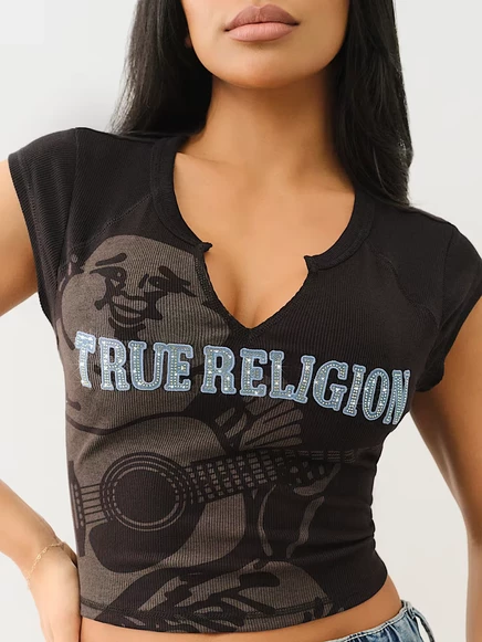 Женская укороченная ребристая футболка True Religion Buddha с V-вырезом, с кристаллами, черная