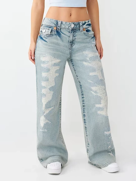 Женские джинсы True Religion Bobbi Big T Flap Baggy, светло-голубые, потертые