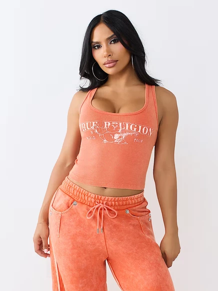 Женская майка True Religion в рубчик с эффектом кислотной стирки, оранжевая
