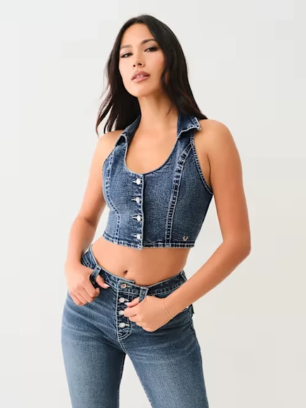 Женская джинсовая жилетка True Religion Crop Denim Crystal Contera, укороченная