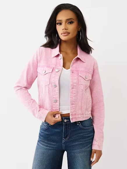 Женская укороченная джинсовая куртка-тракер True Religion Acid Wash, розовая