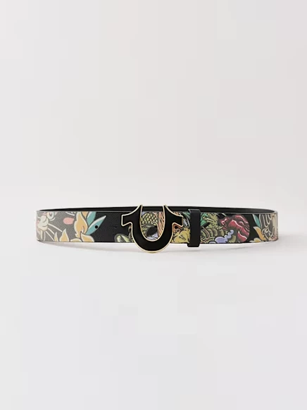 Ремень True Religion Dragon Graphic кожаный с пряжкой-подковой, черный