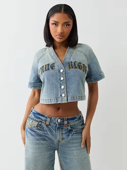 Женская укороченная джинсовая рубашка True Religion Denim Jersey, светлая стирка